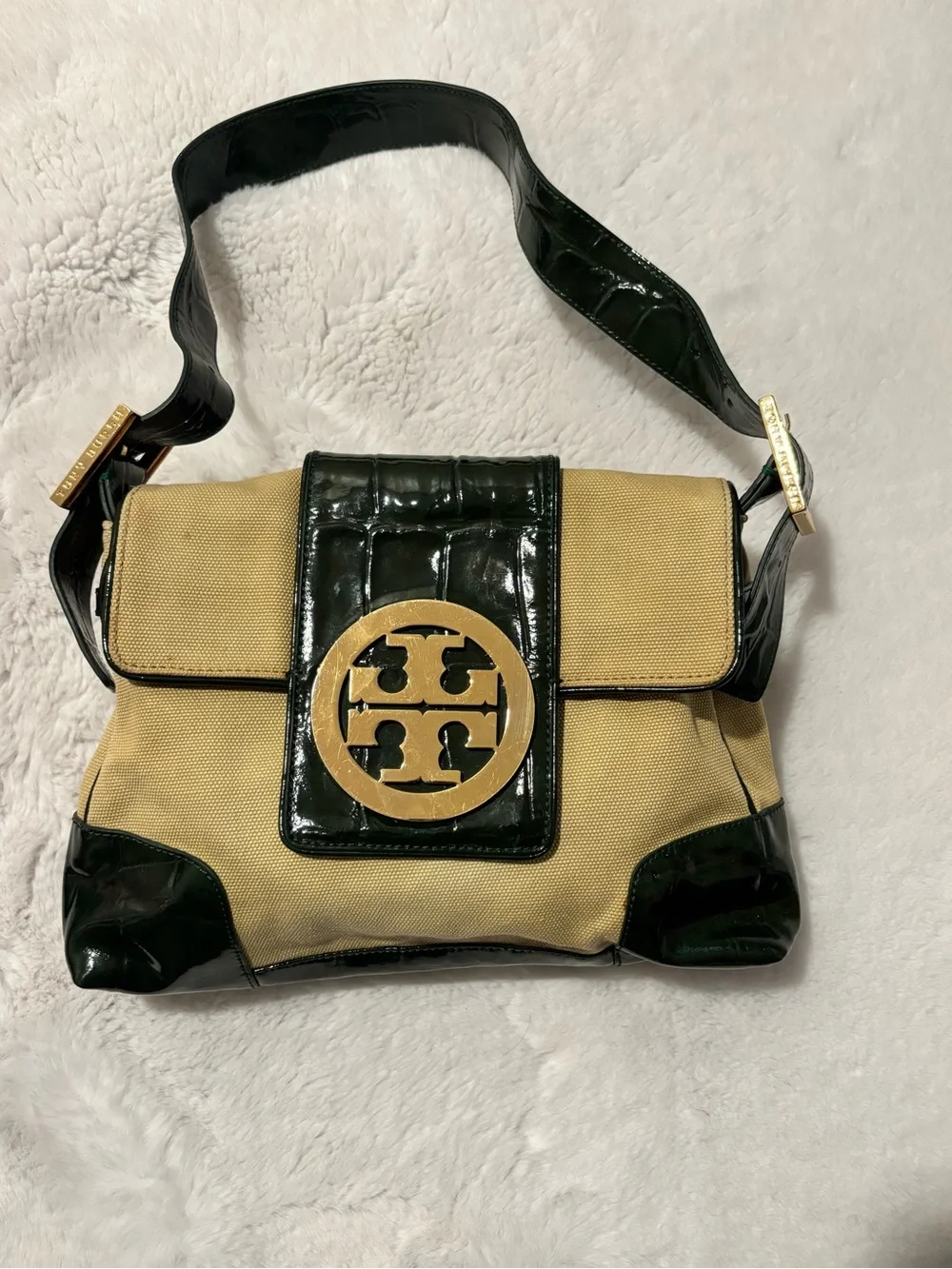 Tory Burch Vintage Baguette Shoulder Bag Khaki Canvas Dark Green Patent 11099828